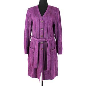 St. John Sport Purple Cable Knit V-Neckline Button Up Belted Cardigan Sweater L